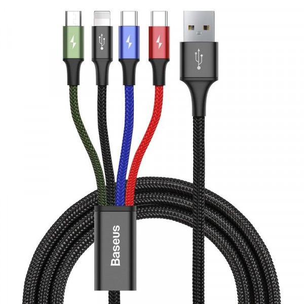 Кабел за зареждане Baseus Fast, 4 в 1, Micro USB, Lightning, 2 x Type-C, 1.2m, Черен - 40494