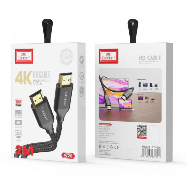 Кабел Earldom ET-W26 HDMI - HDMI, 2м., 4К, С оплетка, Черен - 18384