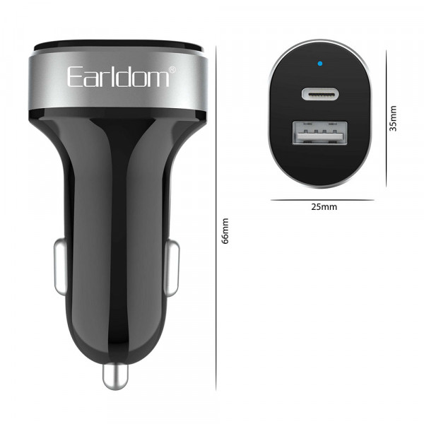 Зарядно устройство за кола Earldom ES-CC14, 1xUSB, 1xType-C, С PD Type-C кабел, Черен - 40354