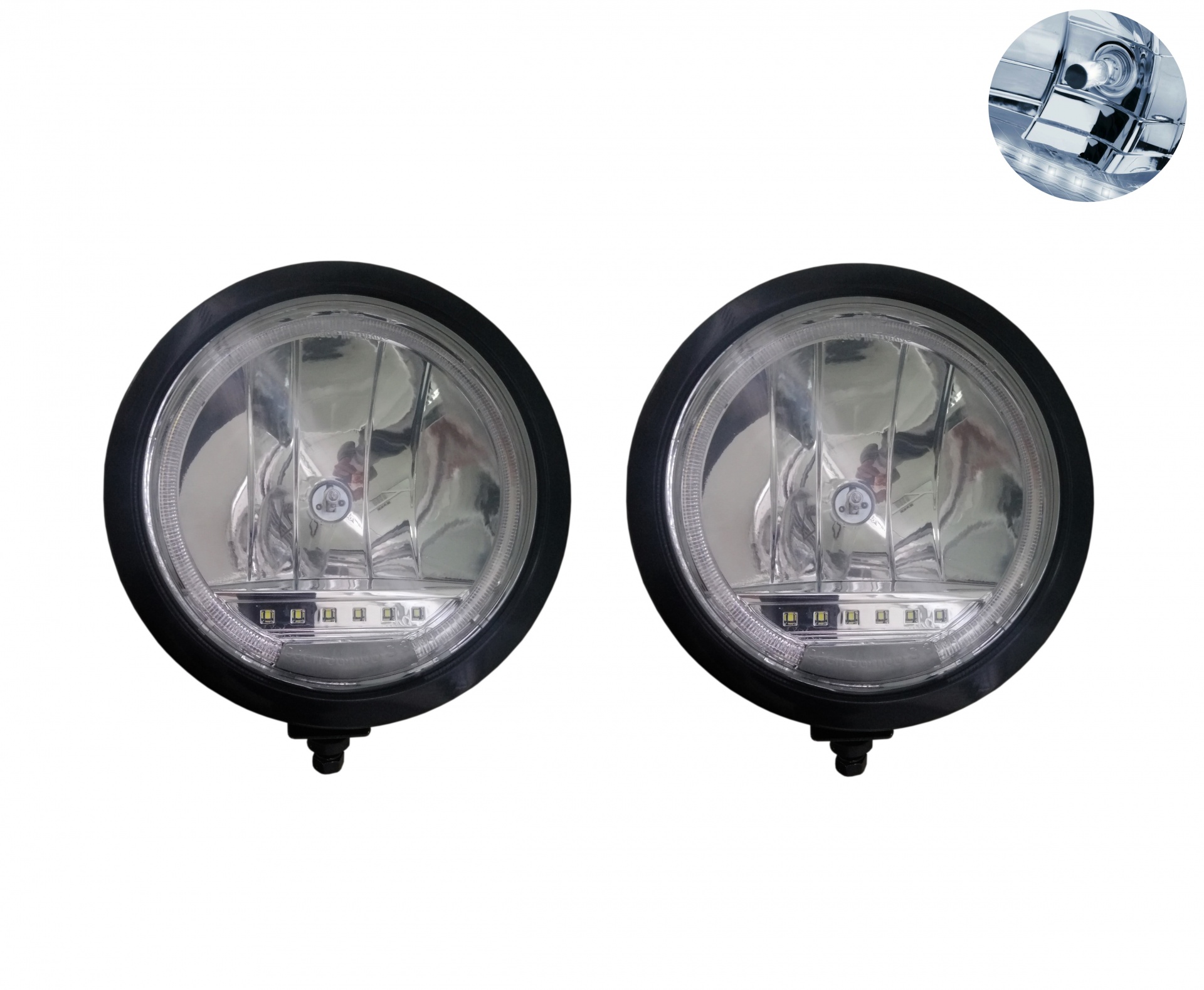 Комплект 2 Броя Халоген, Фар, Ø 225мм, 12V 24V, Крушка H1 + 6 LED ЛЕД Диода, E-Mark, За Камион, Трактор, Багер, Земеделски Машини и др.