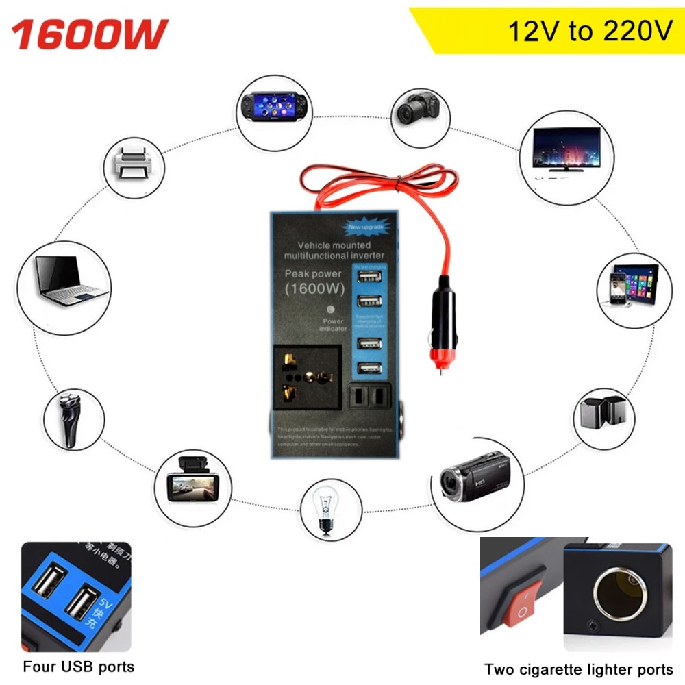 Мултифункционален Инвертор преобразувател на напрежение от 12V на 220V - 1600W