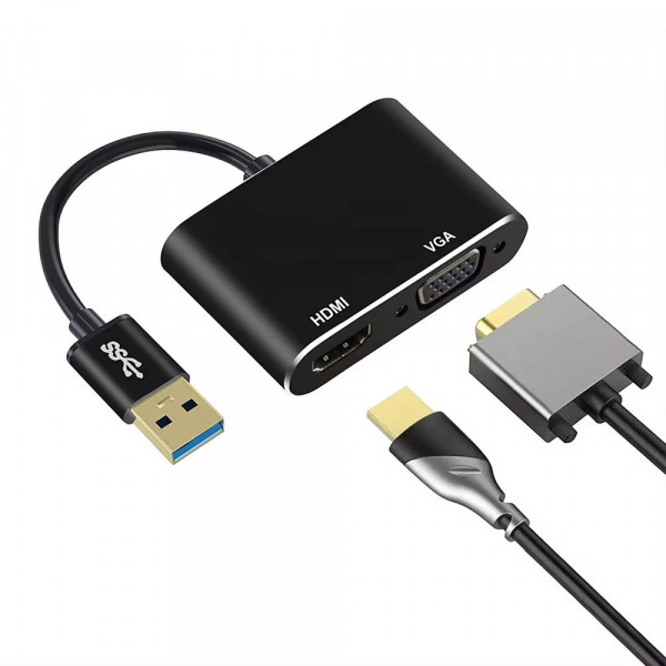 Преходник DeTech, USB 3.0 – HDMI+VGA, Сив - 17843