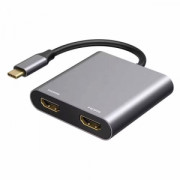 Преходник DeTech,  2в1, USB-C –2хHDMI, 4K, 30Hz, Сив - 17846