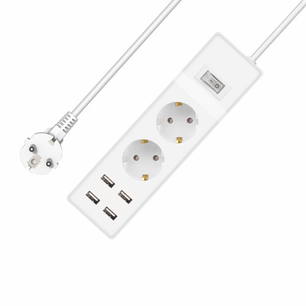 Удължител No brand, 2 гнезда, 250V, 16A, Кабел, 3m, 4 x USB F, С ключ, Бял - 17884