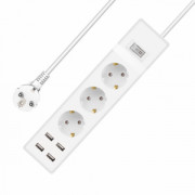 Удължител No brand, 3 гнезда, 250V, 16A, Кабел, 3m, 4 x USB F, С ключ, Бял - 17886