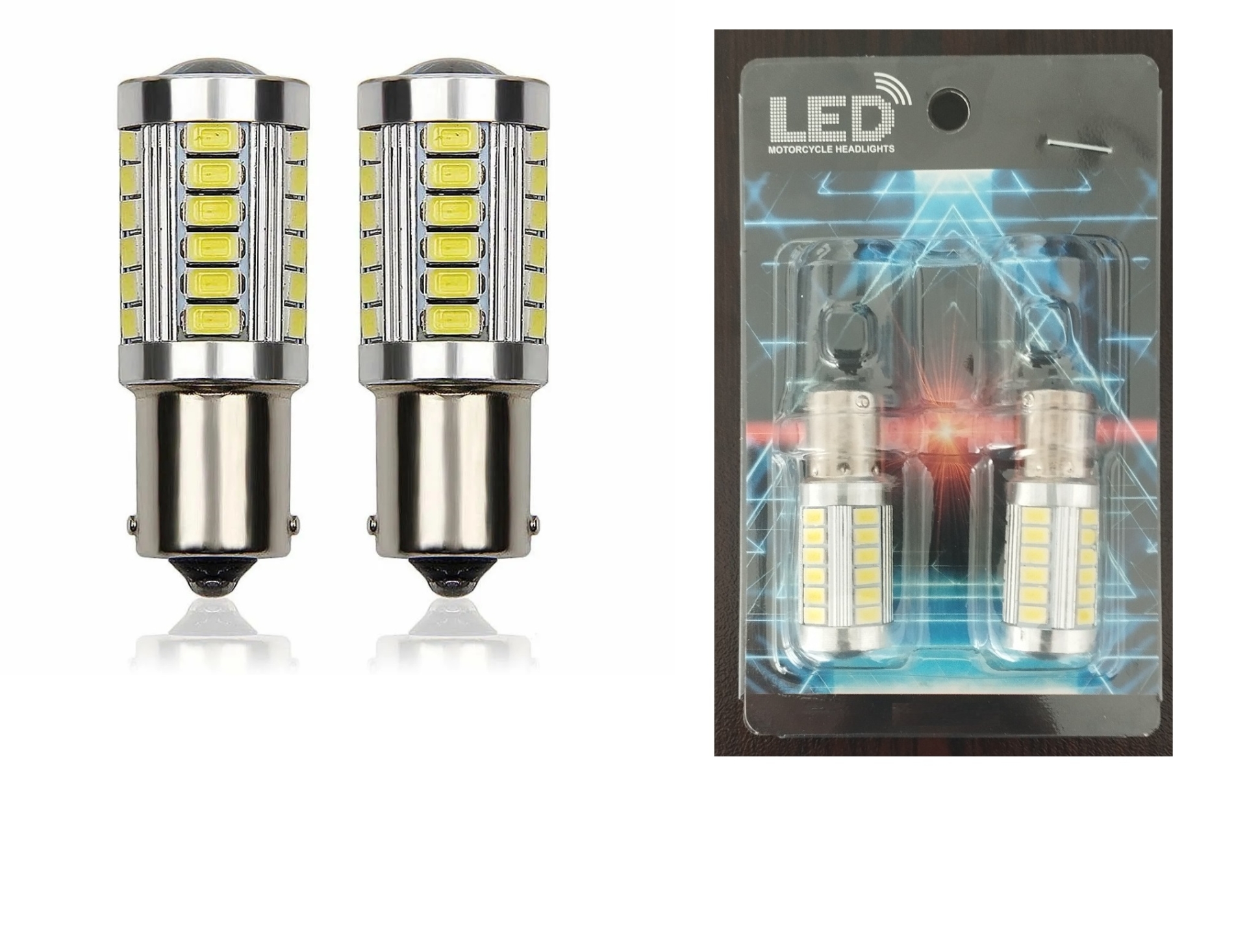 Комплект от 2бр. LED Лед Крушки, 33 SMD, С Лупа, BA15S 1156 (P21W), BAU15S , 12V, Бяла, Светлина Разминати пинове (150°)