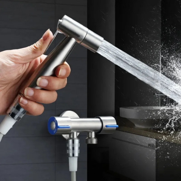 Висококачествен хигиенен душ за баня и тоалетна WATER GUN, неръждаема стомана, стойка, 120 см метален шлаух