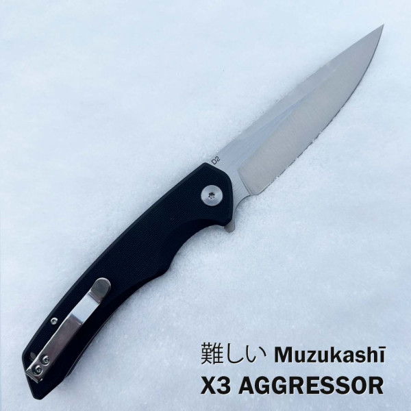 Японски полуавтоматичен сгъваем нож MUZUKASHI X3 AGGRESSOR, стомана D2, линейно заключване, кутия