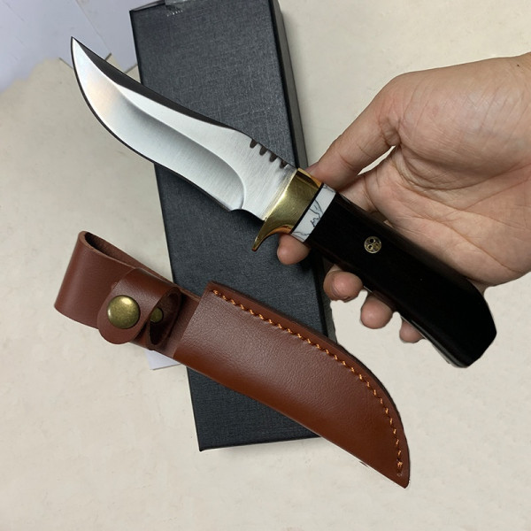 Ловен нож DER HUNT ORIENT, стомана D2, дръжка абанос, тюркоаз и месинг, кожена кания
