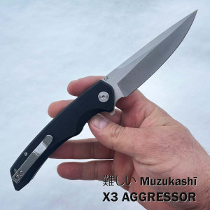 Японски полуавтоматичен сгъваем нож MUZUKASHI X3 AGGRESSOR, стомана D2, линейно заключване, кутия