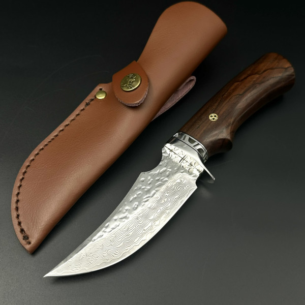 Японски ловен нож за дране MYATO HUNTER 11 DAMASK, дръжка абанос и кожена кания