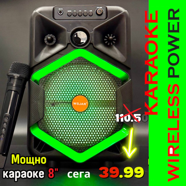 Парти тонколона с БЕЗЖИЧЕН МИКРОФОН, акумулаторна, 8 инча бас, 25W Pmax, до 10 часа безжична работа, караоке