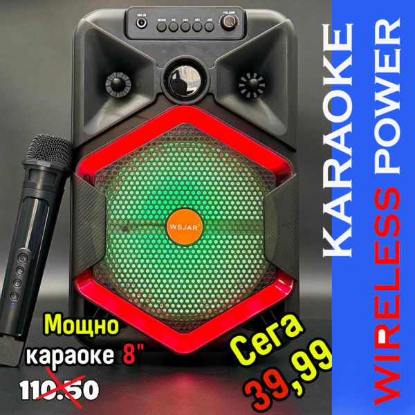 Парти тонколона с БЕЗЖИЧЕН МИКРОФОН, акумулаторна, 8 инча бас, 25W Pmax, до 10 часа безжична работа, караоке