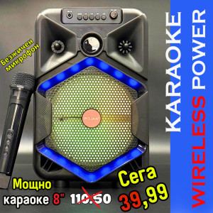 Парти тонколона с БЕЗЖИЧЕН МИКРОФОН, акумулаторна, 8 инча бас, 25W Pmax, до 10 часа безжична работа, караоке