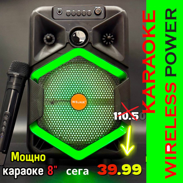 Парти тонколона с БЕЗЖИЧЕН МИКРОФОН, акумулаторна, 8 инча бас, 25W Pmax, до 10 часа безжична работа, караоке