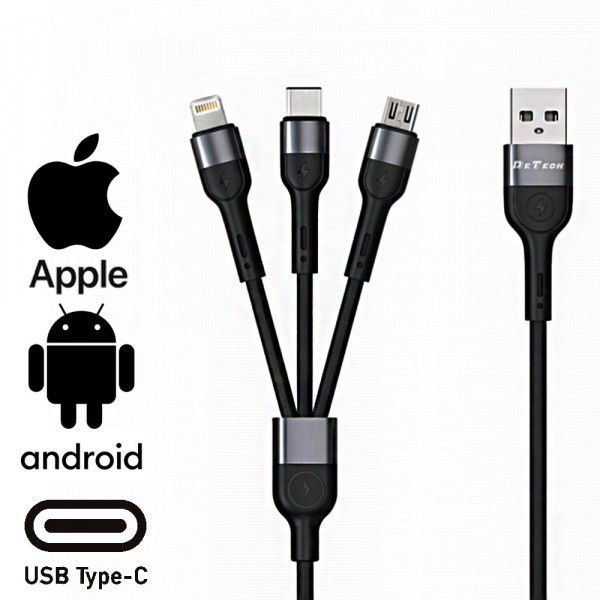 GSM ТОП кабел за зареждане 3в1 DeTech DE-C41 ЗАВСЯКАКВИ ТЕЛЕФОНИ, 3 в 1, Micro USB, Lightning, Type-C, 1.0m, Черен - 40204, BF22