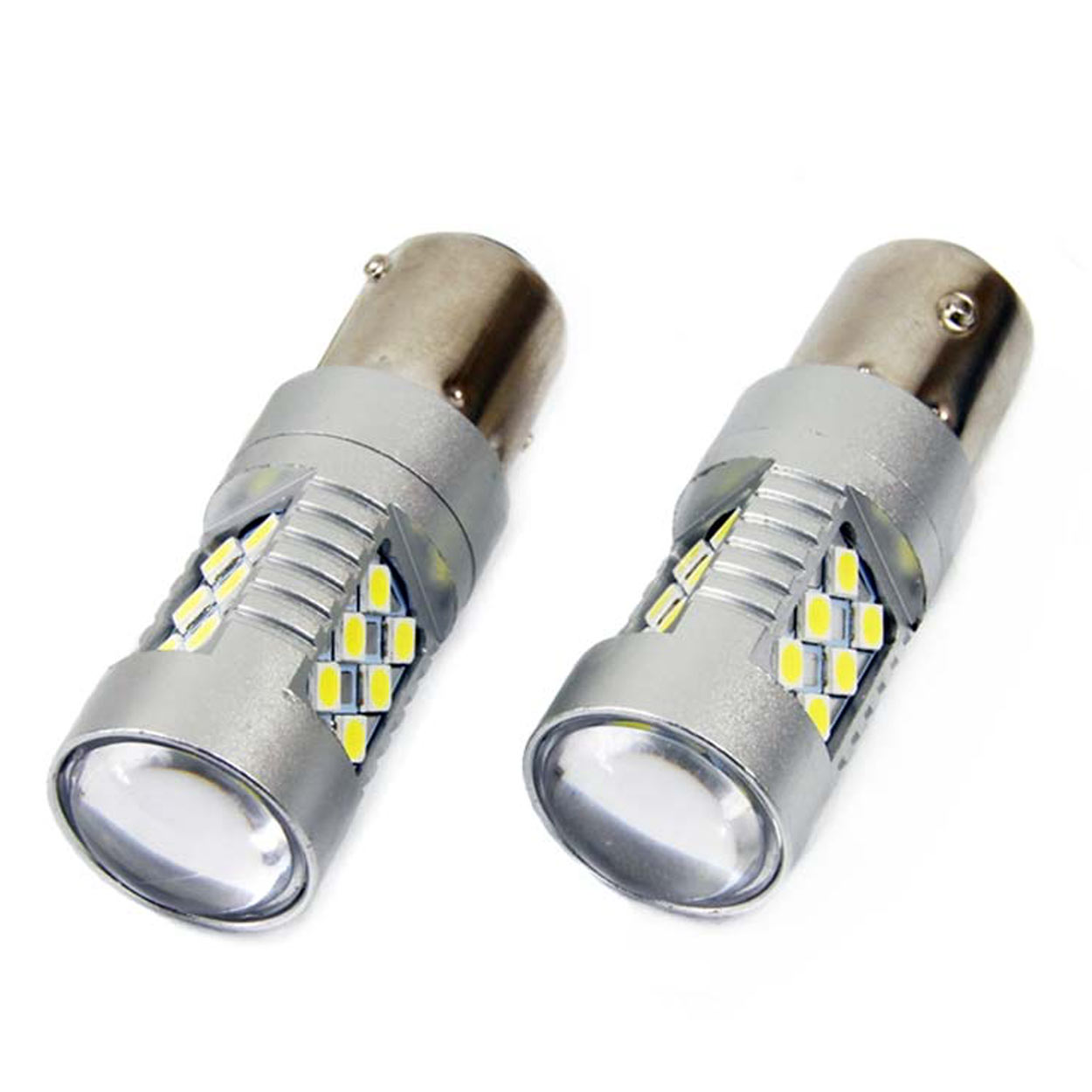 Комплект от 2 броя LED Диодни Крушки за Mигач Стоп Габарит Халоген CANBUS 3030 24SMD 1156 BA15S P21W 12V-24V Бяла Светлина в Блистер Amio