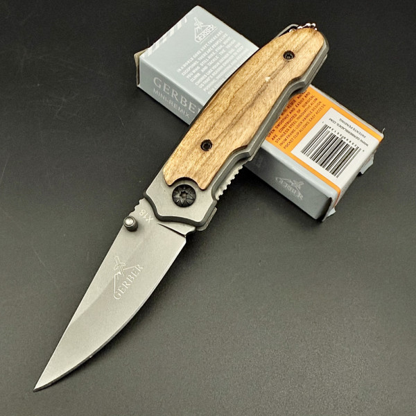 Сгъваем мини нож GERBER X18,  стомана 5Cr13Mov, с дървена дръжка - чирени с винтове