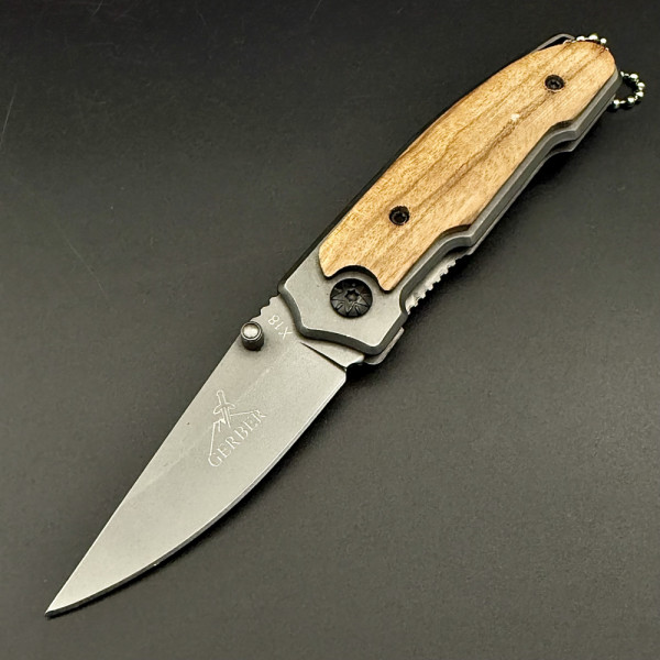 Сгъваем мини нож GERBER X18,  стомана 5Cr13Mov, с дървена дръжка - чирени с винтове