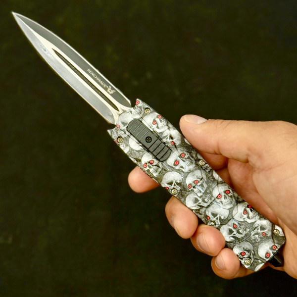 Автоматичен двуостър нож за самозащита BENCHMADE WHITE SKULL, стомана D2