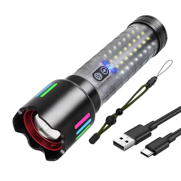 🔦 МОЩЕН ТАКТИЧЕСКИ LED ФЕНЕР COB LIGHT 3800– 3800LM, 35W, СЪС СТРАНИЧНО COB ОСВЕТЛЕНИЕ И TYPE-C ЗАРЕЖДАНЕ, блиц светлини - W801