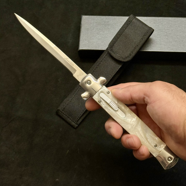 Тежък италиански автоматичен нож AKC Leverletto WHITE by Bill DeShivs Cosa Nostra модел за "мокри поръчки" ;) Стомана D2