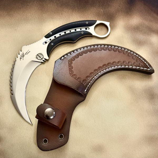Ръчно изработен дизайнерски карамбит на Тод Бег Todd Begg Tiger Karambit с кожена кания