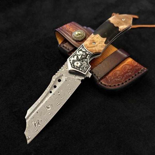 Полуавтоматичен сгъваем ТОП нож JAP SPIDER DAMASKUS МК-16 с палец за отваряне,стомана VG10 damask, дръжка маслина и смола, кожен кобур