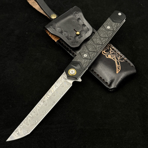 Полуавтоматичен сгъваем ТОП нож JAP TANTO DAMASKUS МК-3 с палец за отваряне, стомана VG10 damask, дръжка G10, кобур