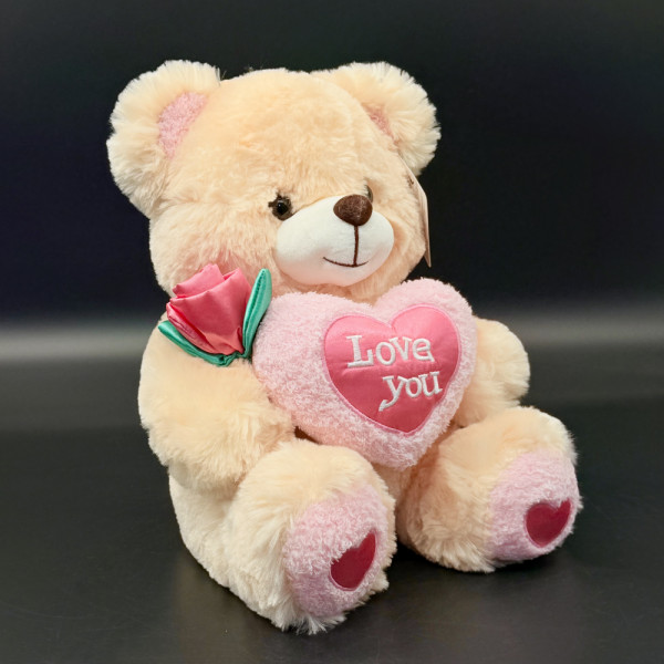 Голямо плюшено мече TEDDY PINK ROSE HEART, HUG ME с рози, вис. 31 см