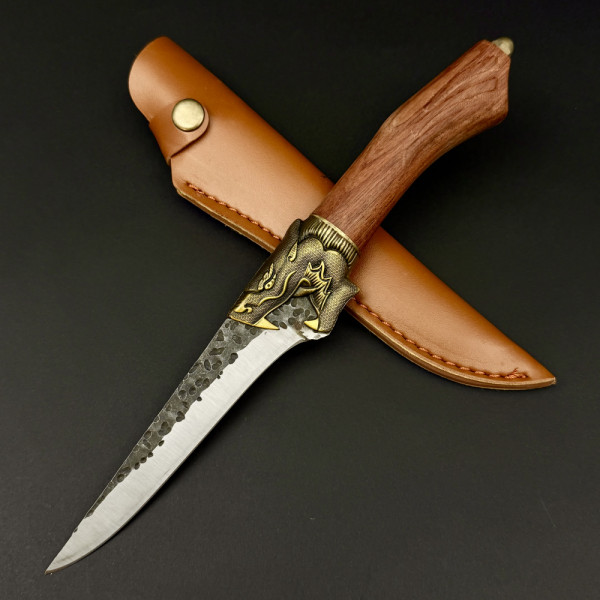 Прав кухненски нож BONER DRAGON,  за обезкостяване, стомана 5Cr13Mov, дръжка розово дърво и месингов DRAGON гард