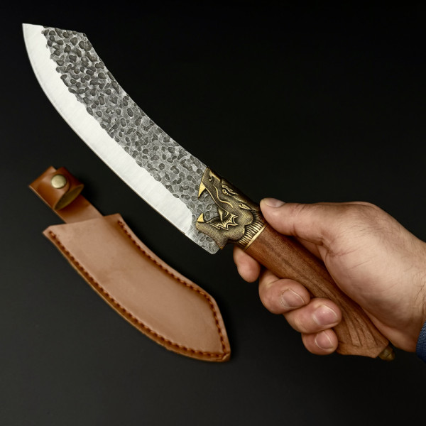Тежък готварски нож Hunter’s Curve DRAGON,  за разфасоване, стомана 5Cr13Mov, дръжка розово дърво и месингов DRAGON гард