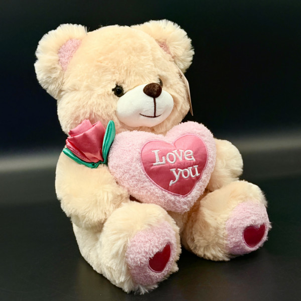 Голямо плюшено мече TEDDY PINK ROSE HEART, HUG ME с рози, вис. 31 см