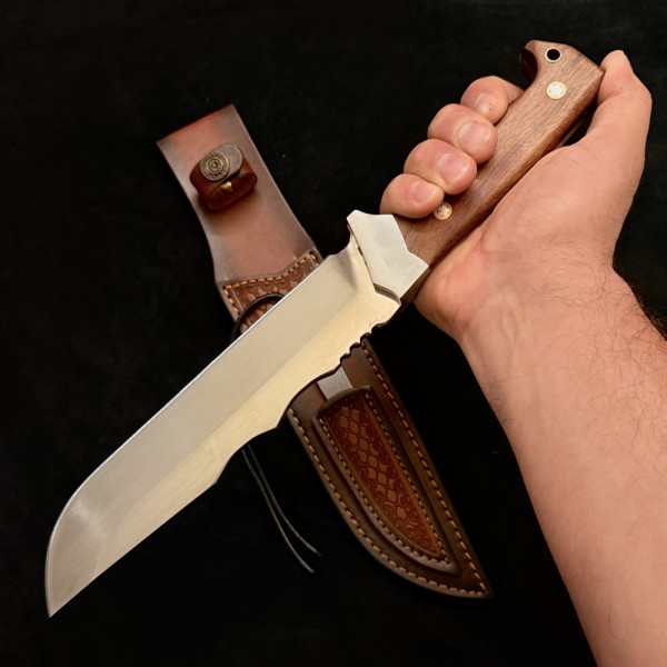 Огромен немски ловен/тактически нож Der HUNT 777 DOUBLE, фултанг стомана 5Cr13Mov, дръжка орех, кожена кания