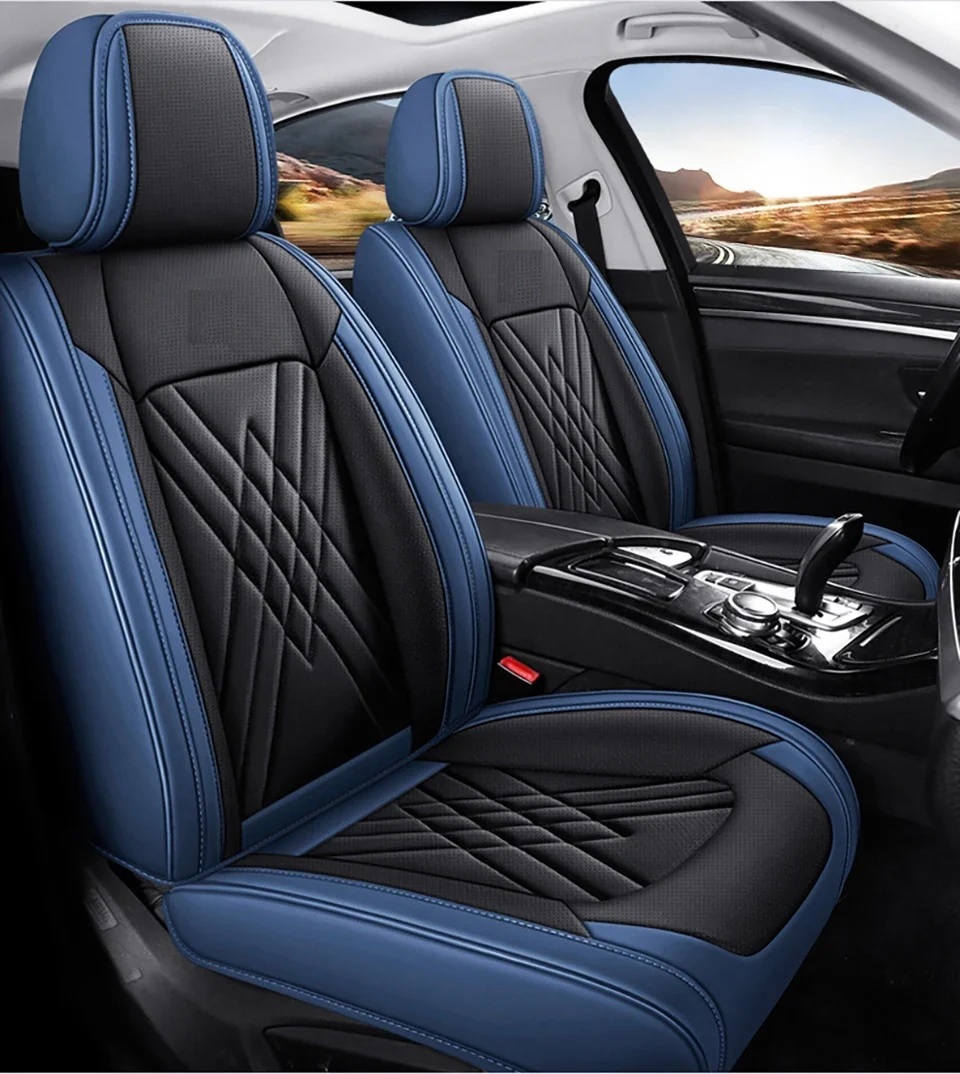 Комплект Луксозна универсална кожена тапицерия, синьо и черно за Предни и Задни седалки
