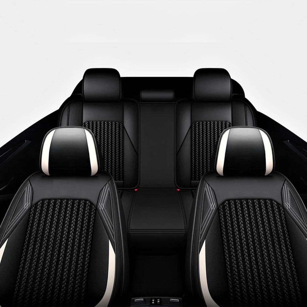 Комплект Луксозна универсална тапицерия кожа с текстил, Черно и бяло за Предни и Задни седалки