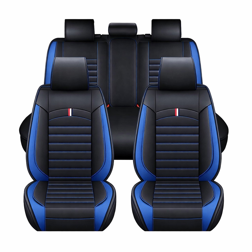 Комплект Луксозна универсална кожена тапицерия, Черна със син шев за Предни и Задни седалки