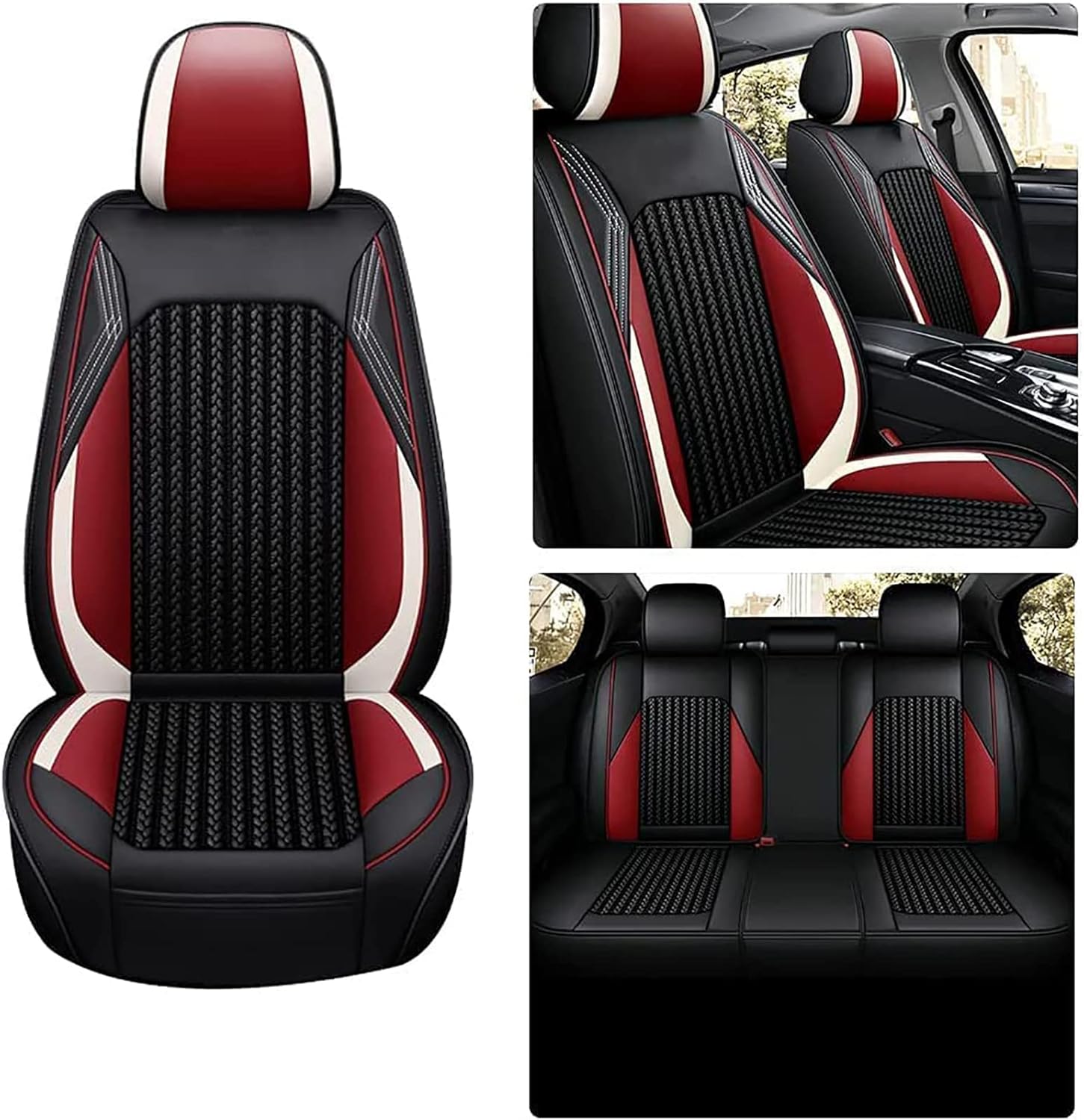 Комплект Луксозна универсална тапицерия кожа с текстил, Черна с червен и бял акцент, За Предни и Задни седалки
