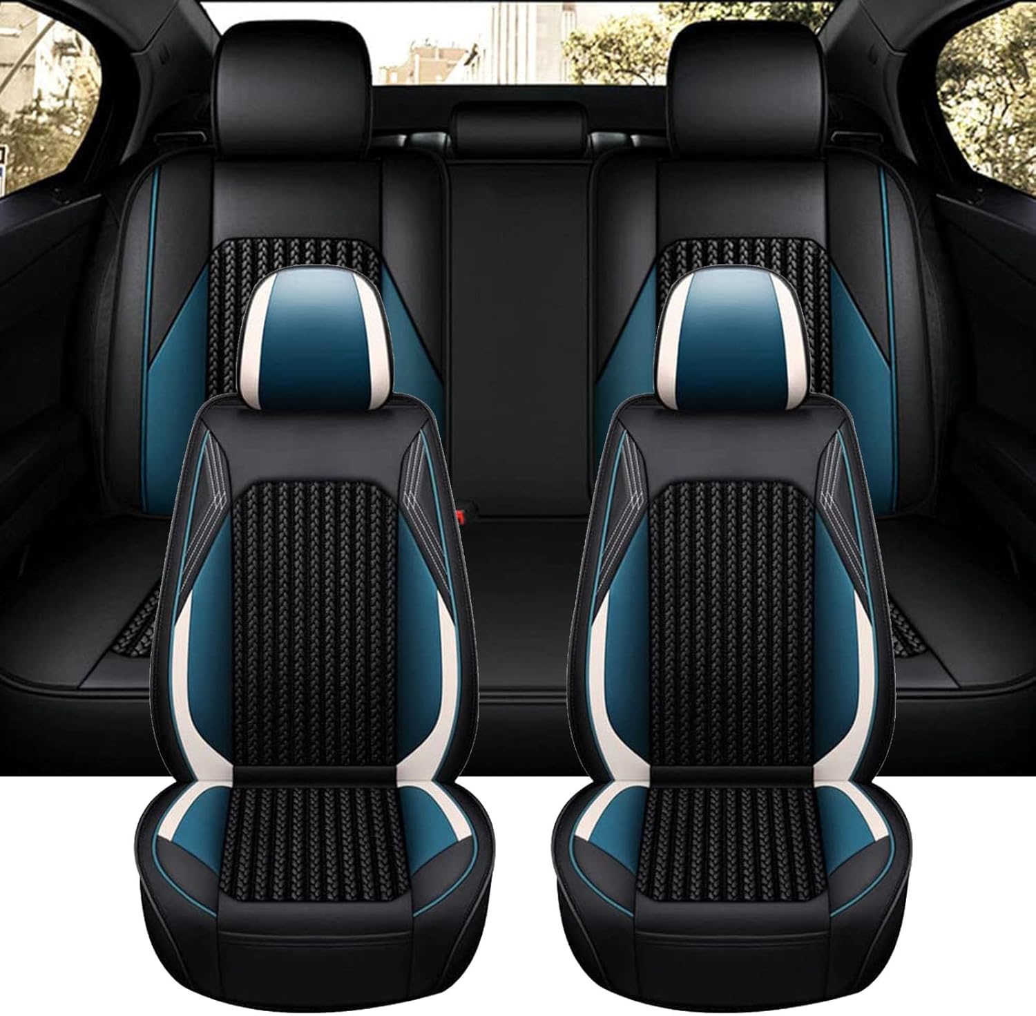 Комплект Луксозна универсална тапицерия кожа с текстил, Черна с бял и син акцент, За Предни и Задни седалки