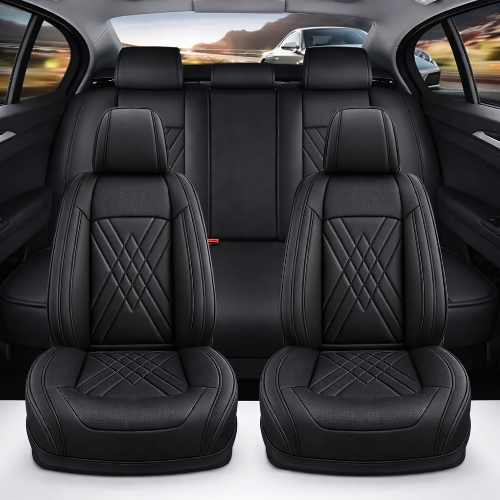 Комплект Луксозна универсална тапицерия кожа, Черна за Предни и Задни седалки