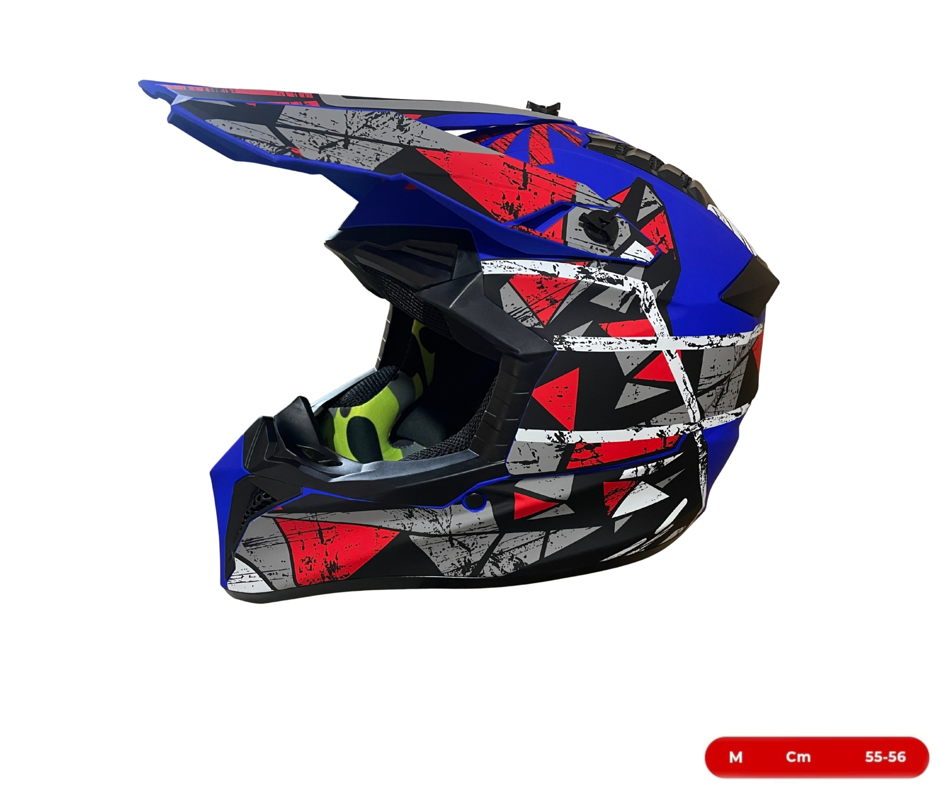 Мотокрос - Ендуро каска за мотор, ATV, велосипед – размер M (55–56 см) син мат с червен/сив дизайн