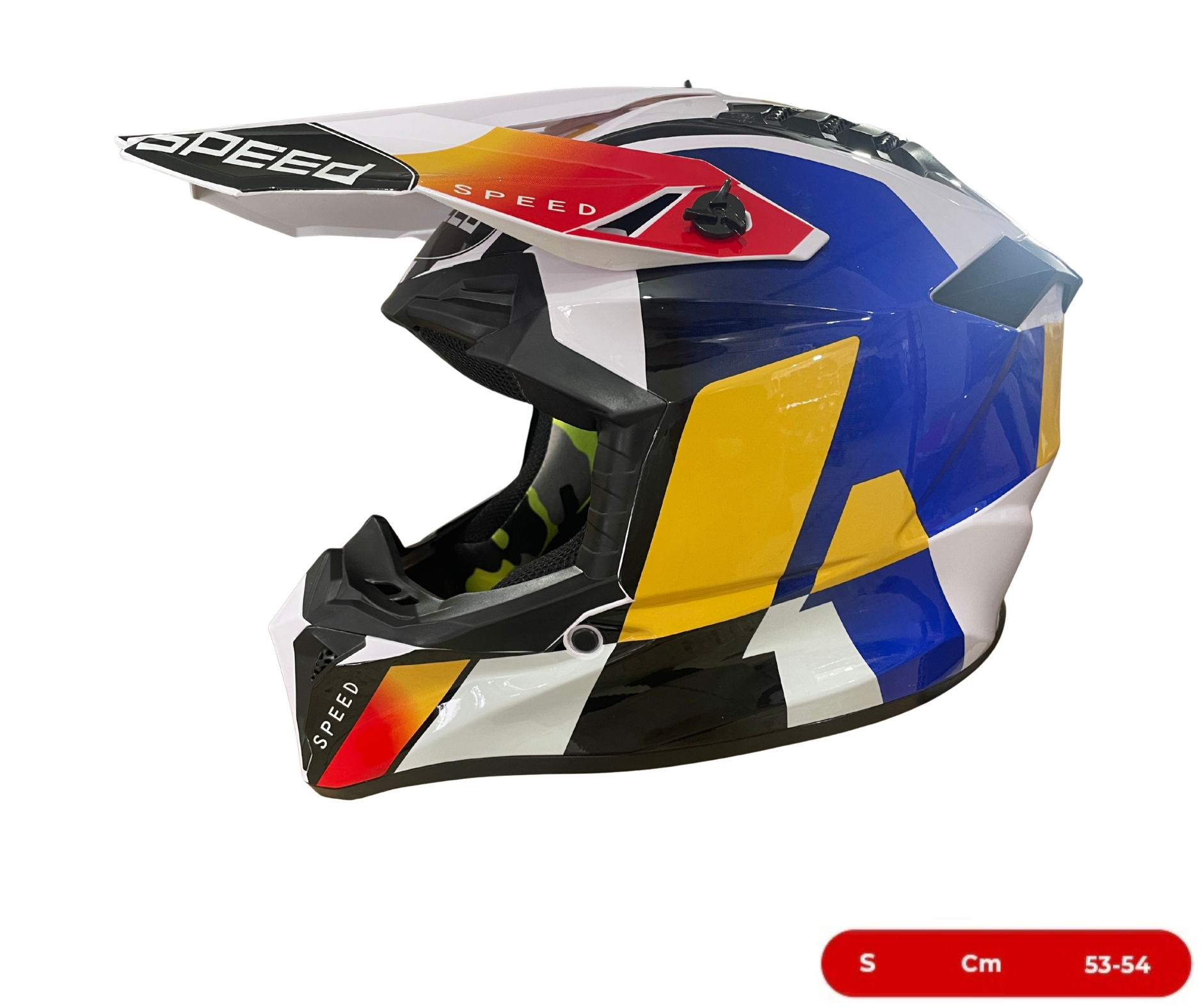 Мотокрос - Ендуро каска за мотор, ATV, велосипед – размер S (53–54 см) бяла с жълто/син дизайн