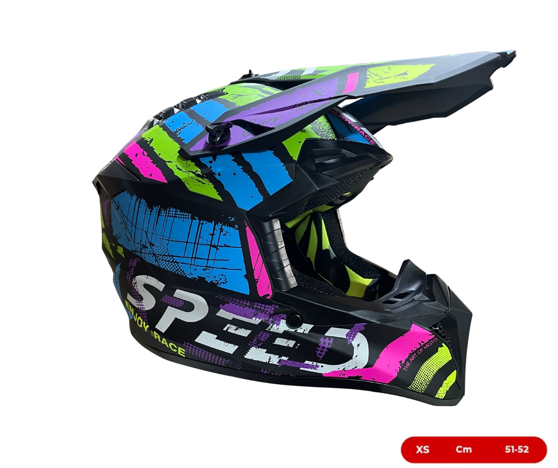 Мотокрос - Ендуро каска за мотор, ATV, велосипед – размер XS (51–52 см) черен мат с неонов многоцветен дизайн