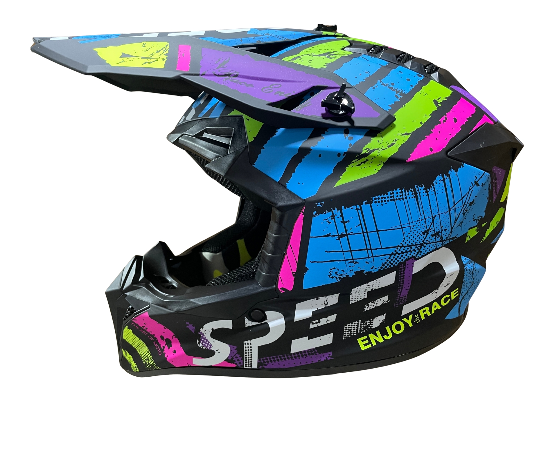 Мотокрос - Ендуро каска за мотор, ATV, велосипед – размер XS (51–52 см) черен мат с неонов многоцветен дизайн