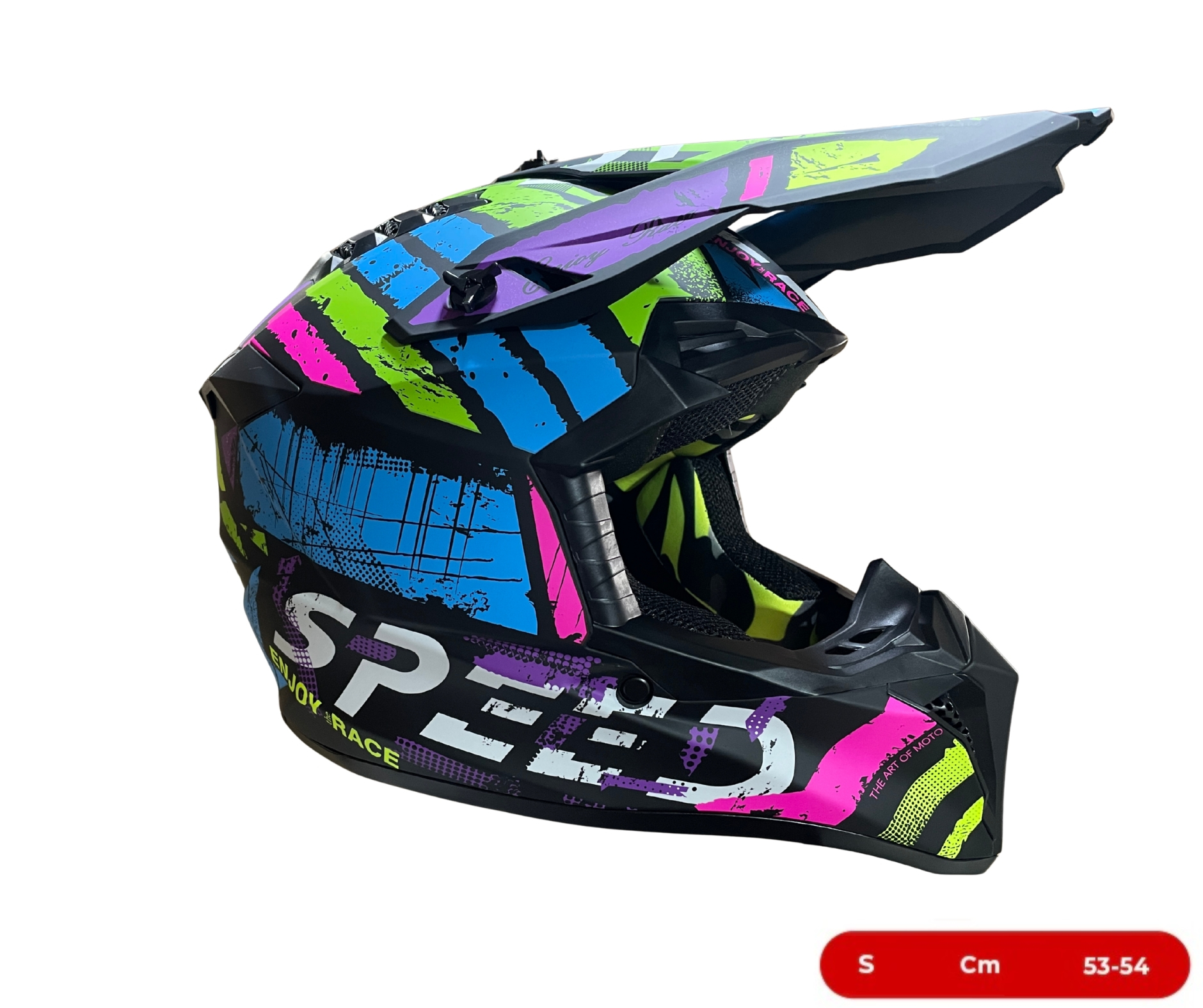 Мотокрос - Ендуро каска за мотор, ATV, велосипед – размер S (53–54 см) черен мат с неонов многоцветен дизайн