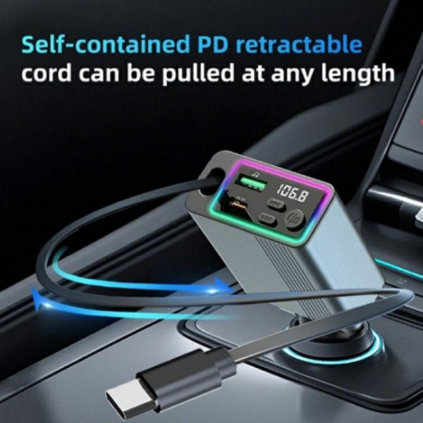 Автомобилен Bluetooth 5.3 FM модулатор с USB + USB-C, прибиращ се Type-C кабел 75 см и LED осветление - C77