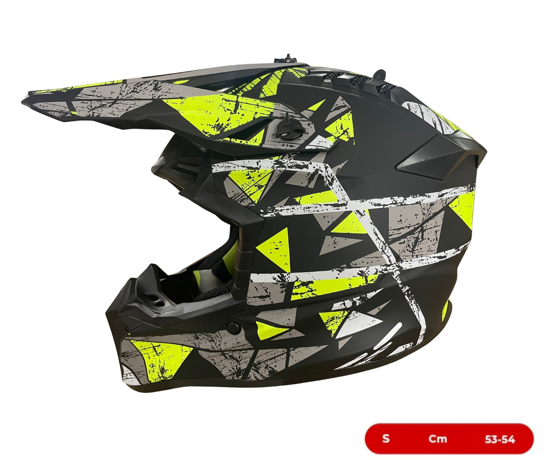Мотокрос - Ендуро каска за мотор, ATV, велосипед – размер S (53–54 см) черен мат с неоново жълт дизайн