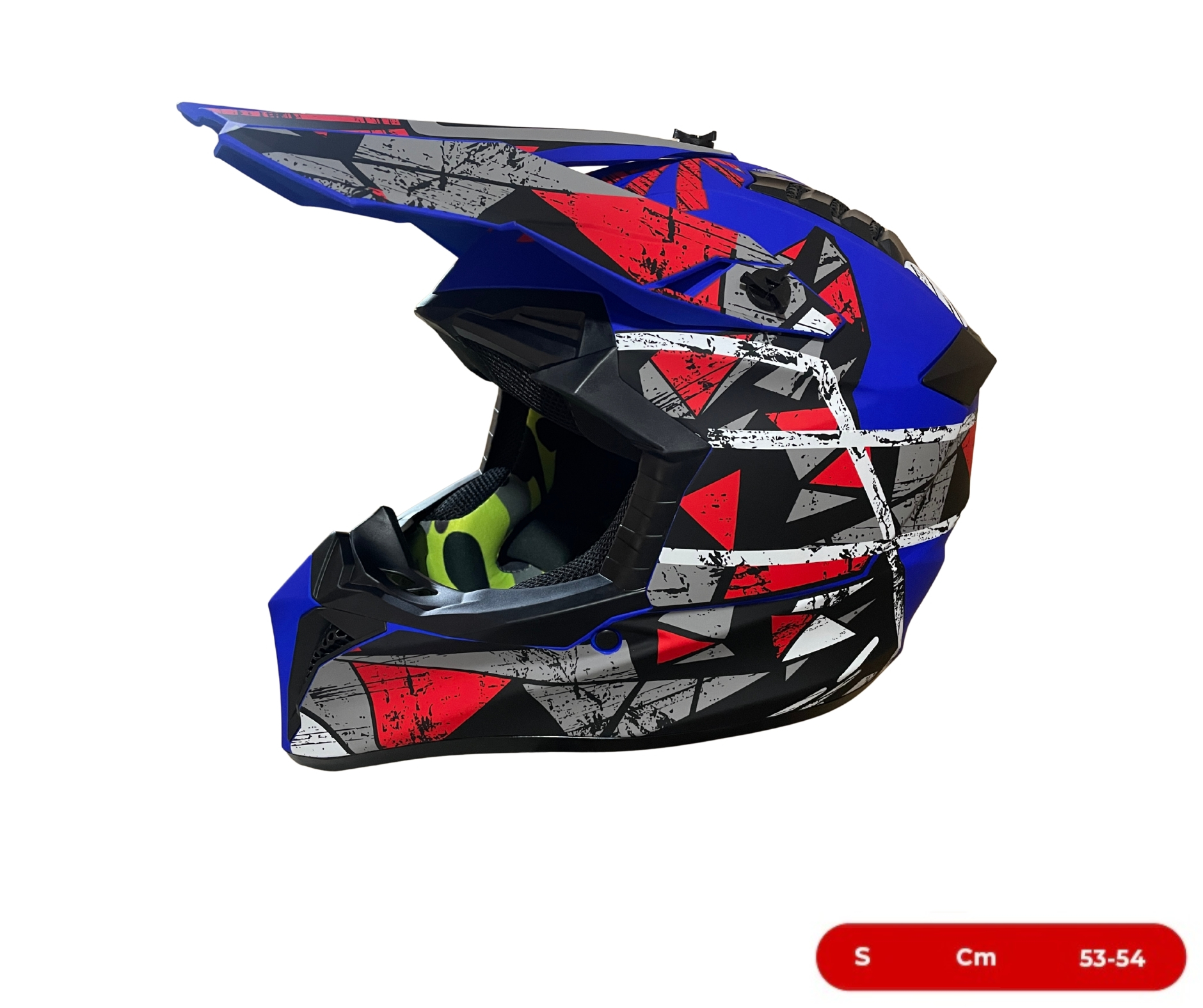 Мотокрос - Ендуро каска за мотор, ATV, велосипед – размер S (53–54 см) син мат с червен/сив дизайн