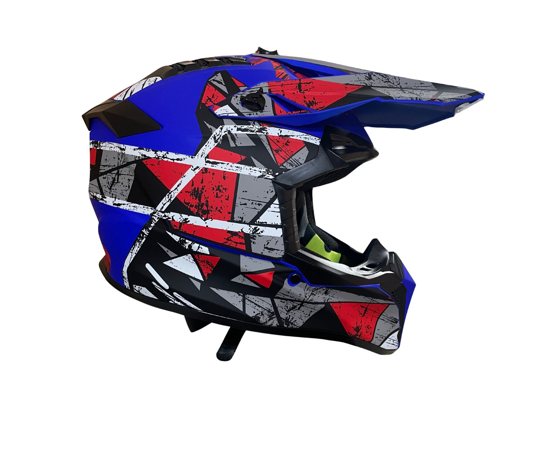 Мотокрос - Ендуро каска за мотор, ATV, велосипед – размер S (53–54 см) син мат с червен/сив дизайн