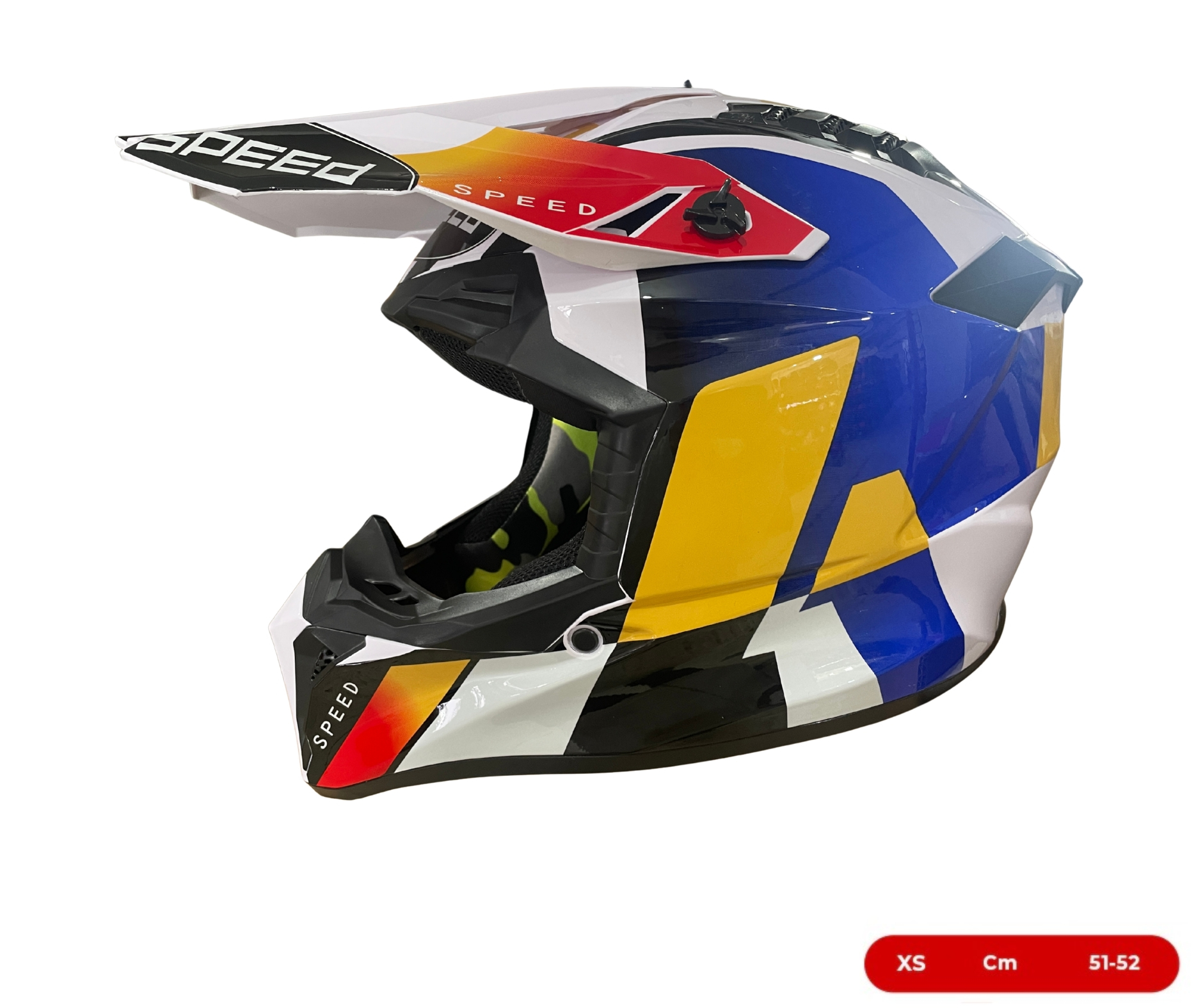 Мотокрос - Ендуро каска за мотор, ATV, велосипед – размер XS (51–52 см) бяла с жълто/син дизайн